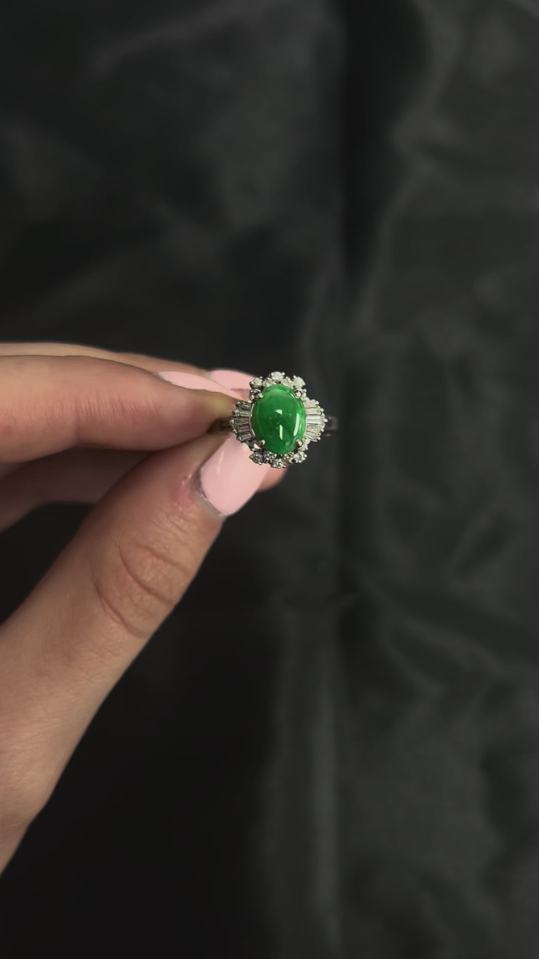 Vintage 1.10ct Natural Jadeite Jade & 0.49ct Diamond Platinum Ring, Size 7.25