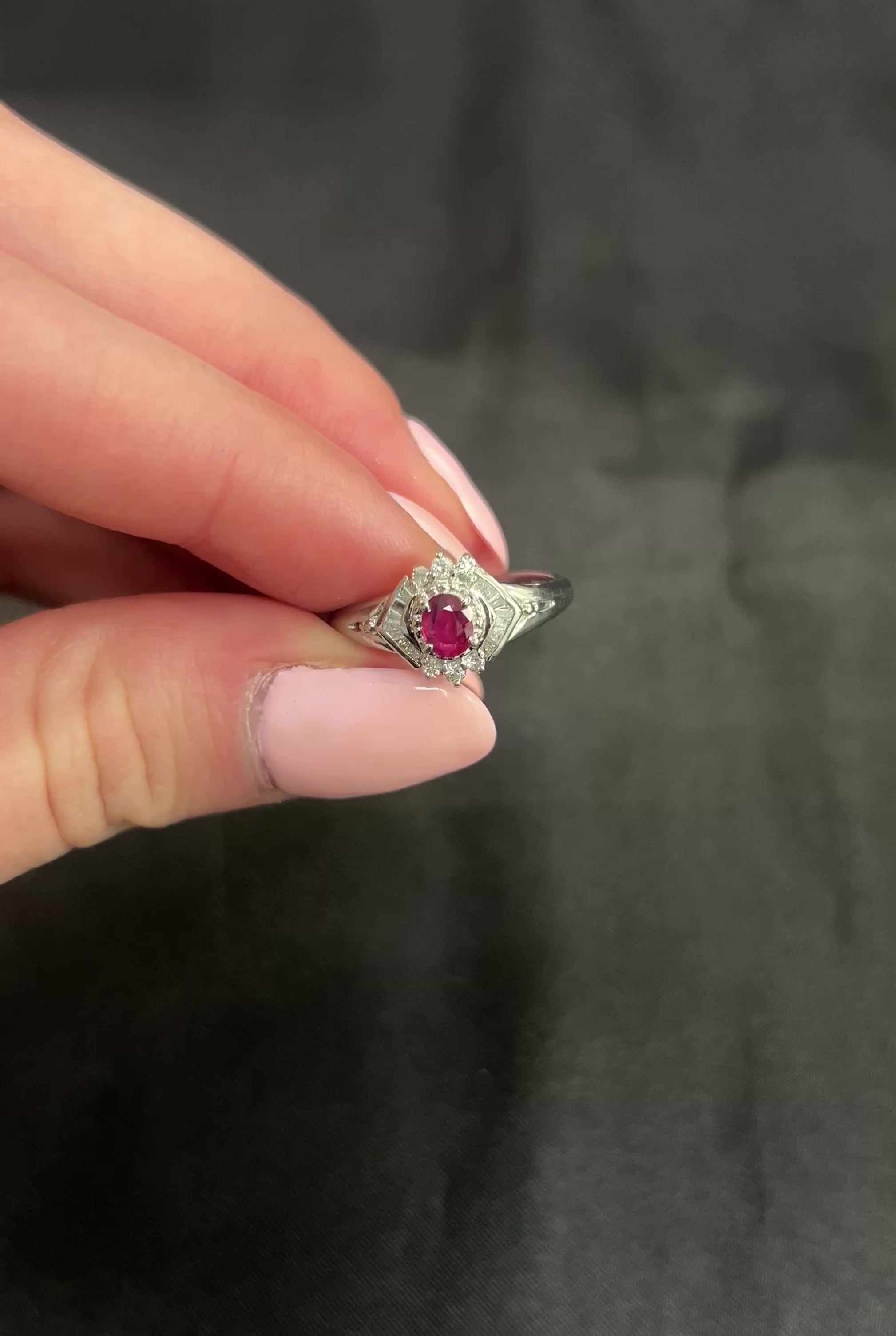 Vintage 0.35ct Intense Red Natural Ruby & 0.26ct Diamond Platinum Ring Size 7.25