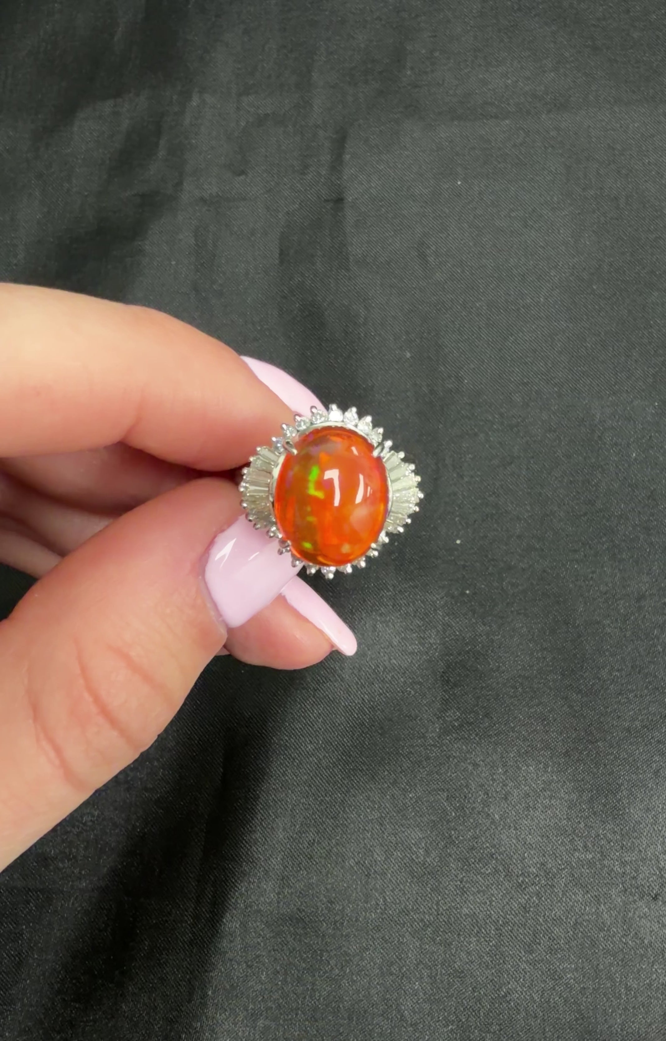 Fine 4.56ct Natural Mexican Fire Opal & 0.59ct Diamond Platinum Ring, Size 8