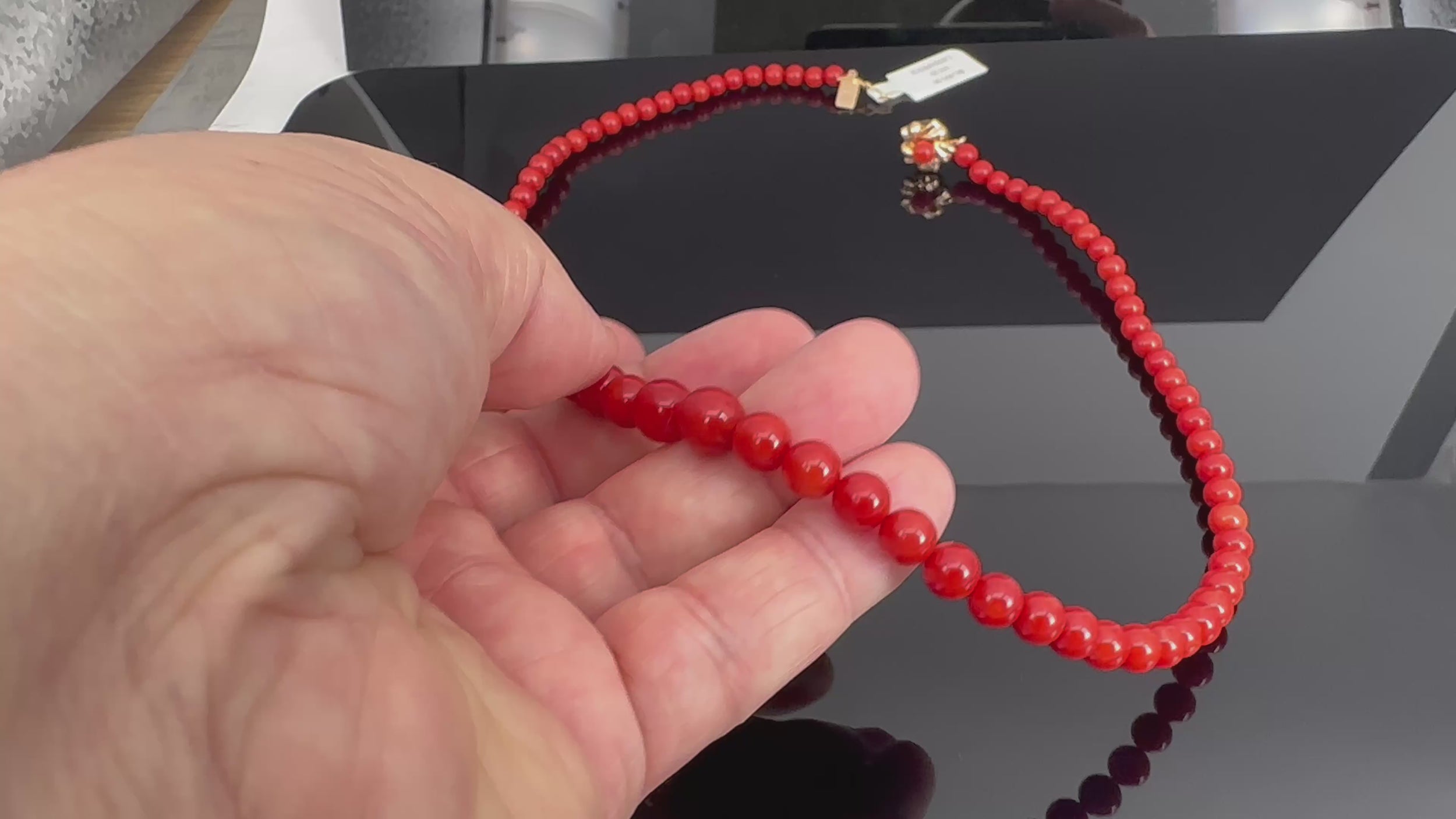 Fine 4.9-8.6mm Natural Untreated Ox Blood Red Coral 14K Yellow Gold Necklace
