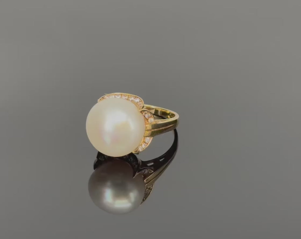 14.7mm South Sea Button Pearl & 0.50ct Diamond 18K Yellow Gold Ring Size 7.5