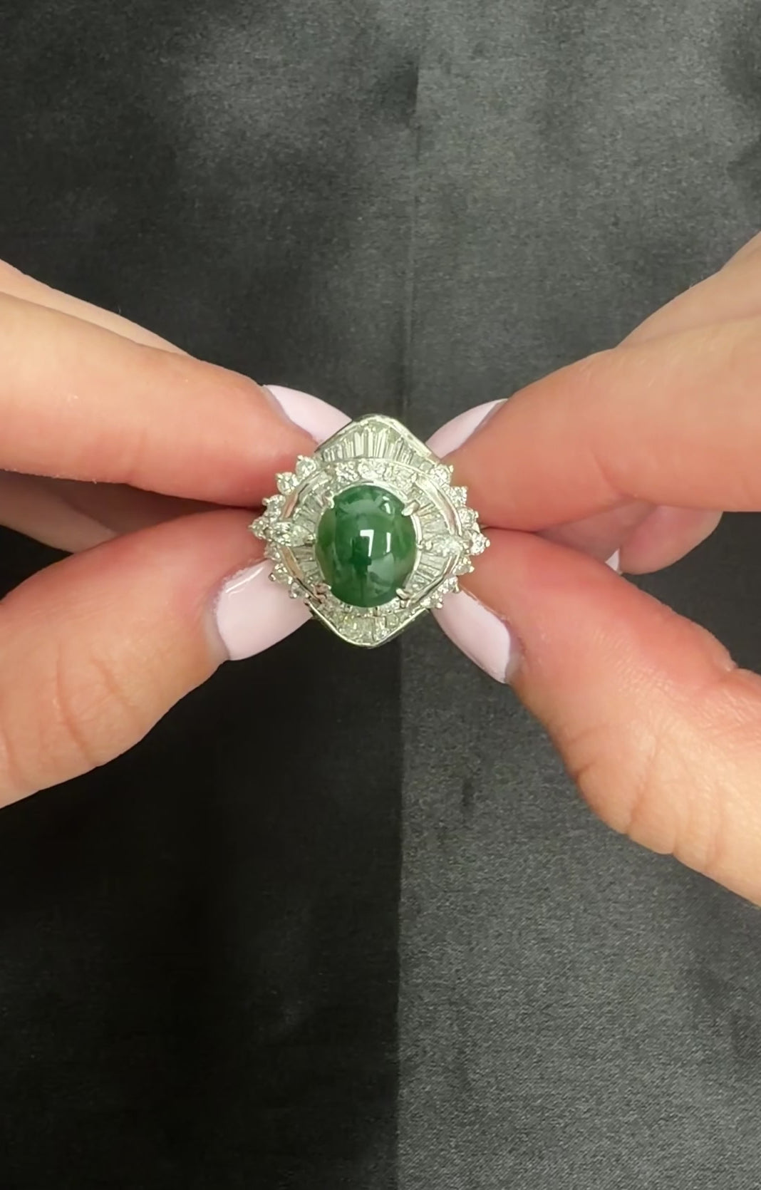 Vintage 4.50ct Natural Jadeite Jade & 1.81ct Diamond Platinum Ring, Size 5.75