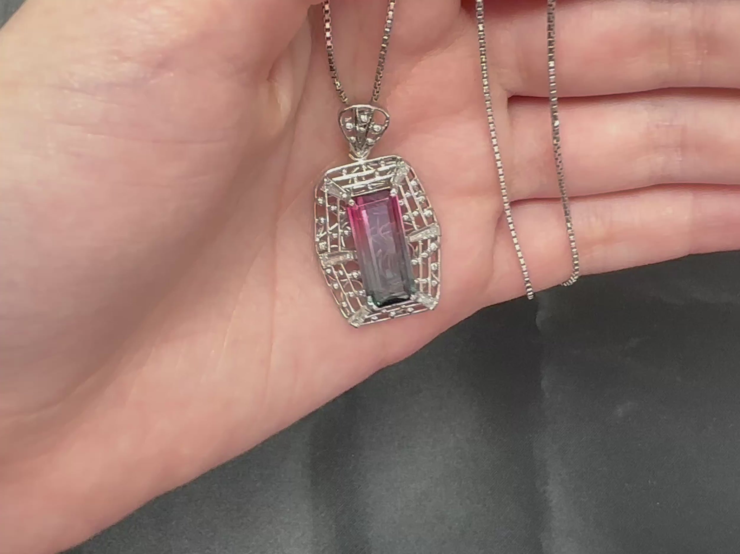 5.04ct Natural Watermelon Tourmaline & 0.56ct Diamond Handmade Platinum Necklace