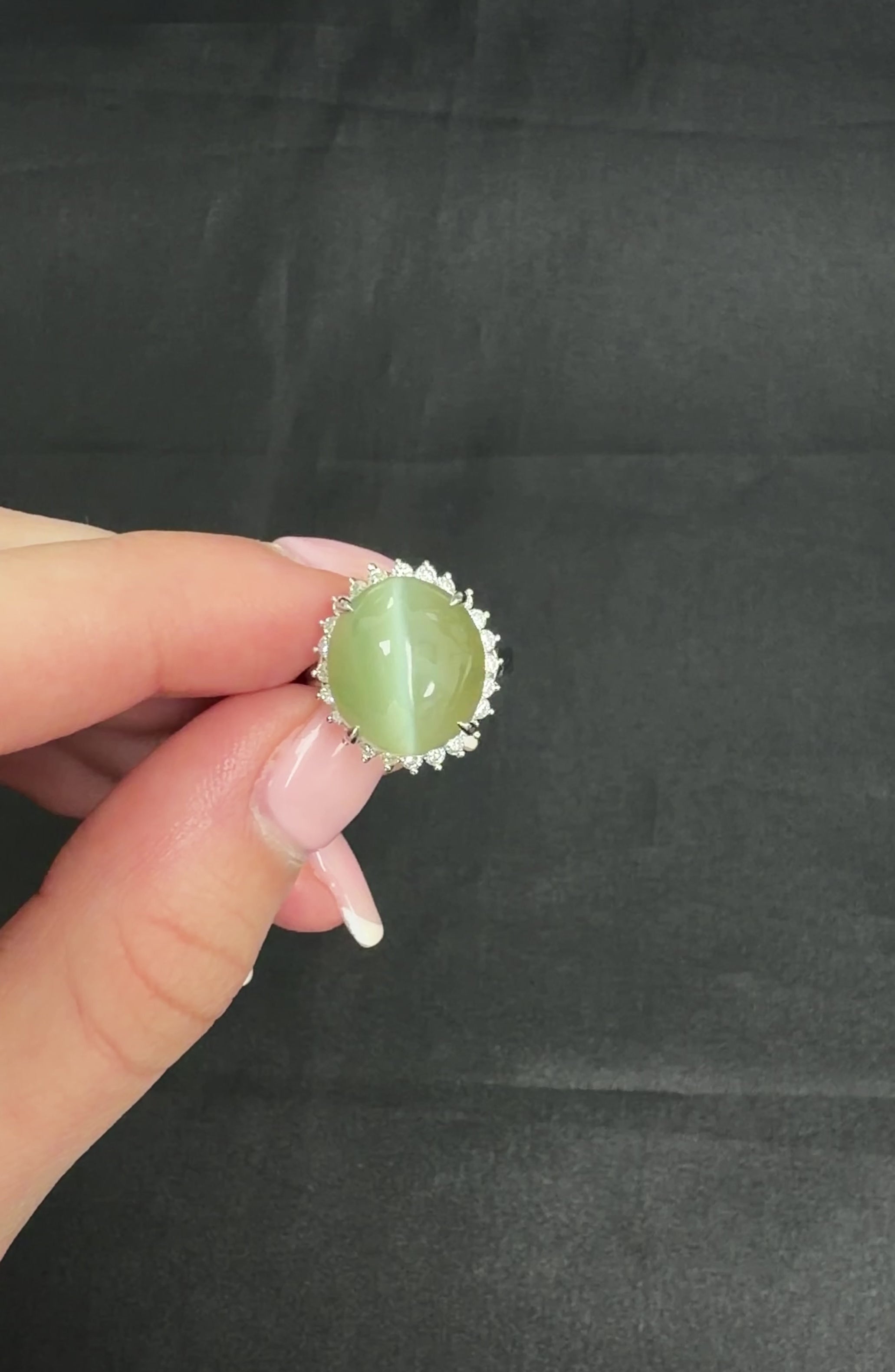 Rare 7.73ct Natural Nephrite Jade Cat's Eye 0.55ct Diamond Platinum Ring Sz 4.25