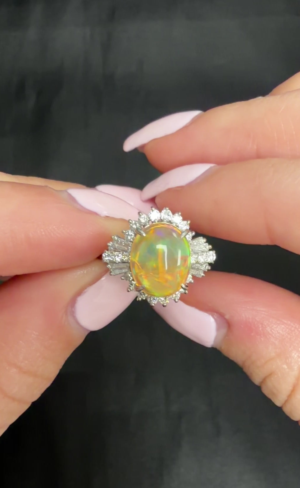 Vintage 2.25ct Natural Mexican Fire Opal & 0.53ct Diamond Platinum Ring, Size 6