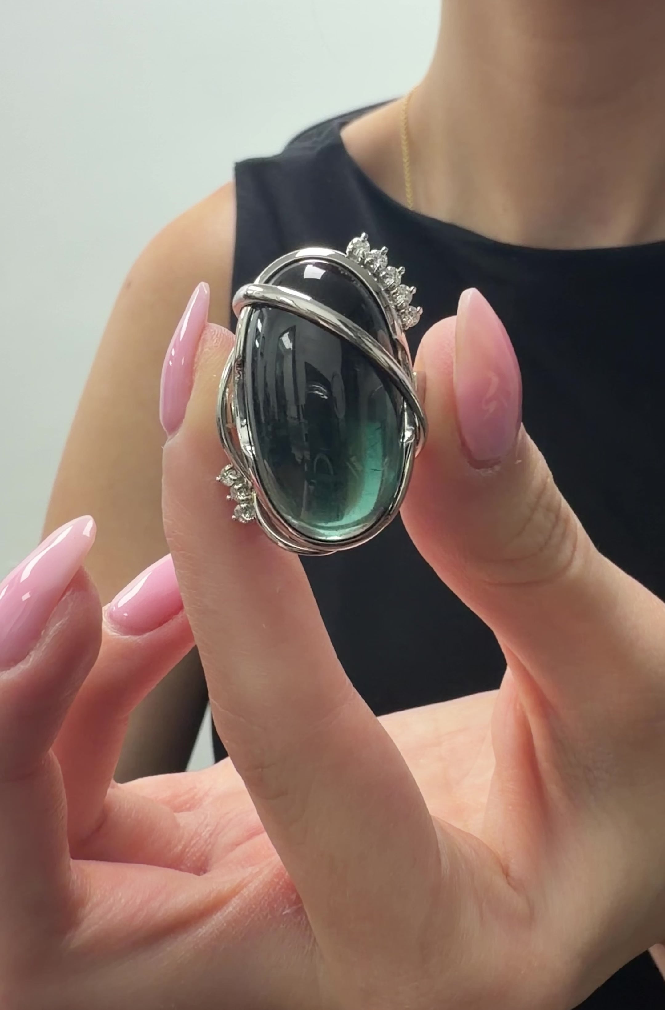 38.45ct Bi-Color Indicolite Tourmaline 0.28ct Diamond Platinum Ring Size 6.5