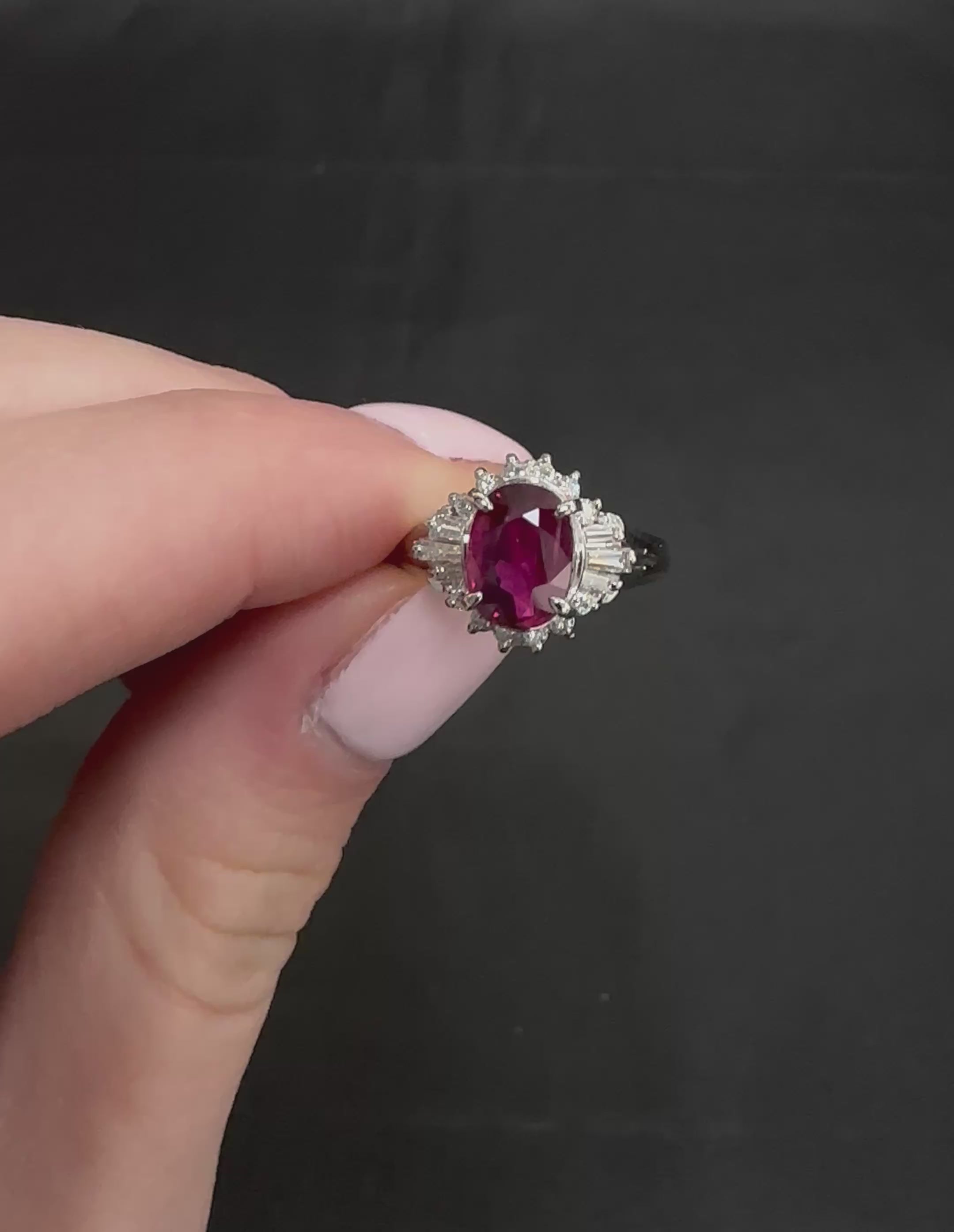 Vintage 1.11ct Intense Red Ruby & 0.29ct Diamond Platinum Ring Size 4.5, 4.84g