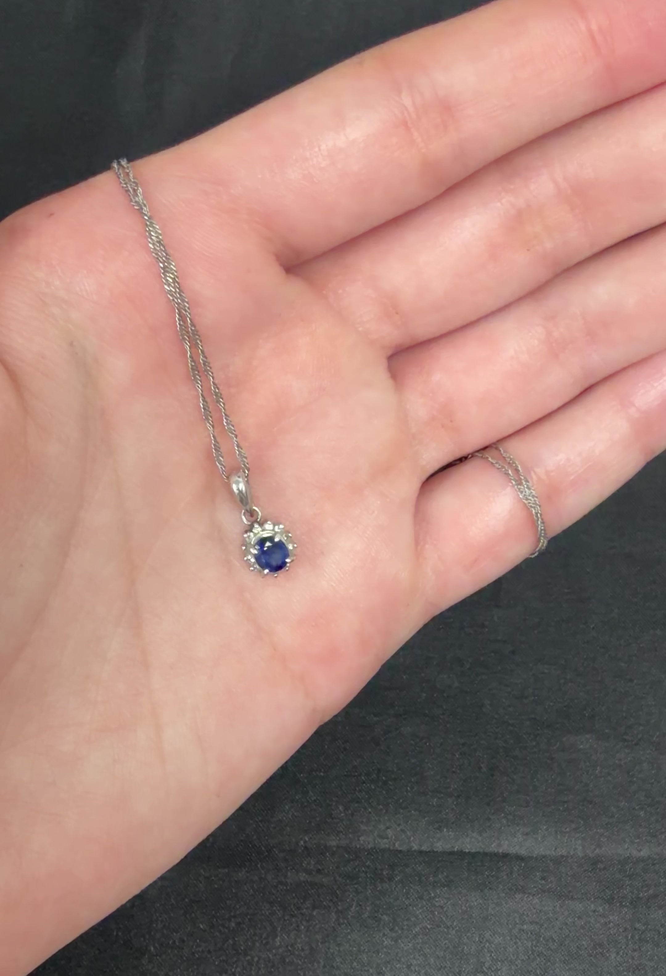 Estate 0.29ct Royal Blue Sapphire & 0.19ct Diamond Platinum Halo Necklace